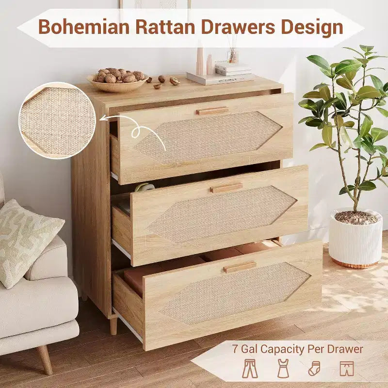 Cómoda de ratán de 3 cajones - Gabinete de almacenamiento de madera moderno para dormitorio y sala de estar