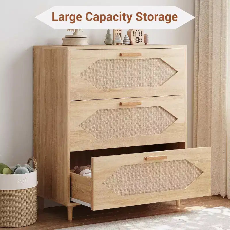 Cómoda de ratán de 3 cajones - Gabinete de almacenamiento de madera moderno para dormitorio y sala de estar