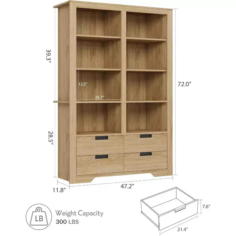 Estantería alta de 72 pulgadas con almacenamiento, librería de pie estilo rústico, estantería con 4 cajones, estantes de almacenamiento de exhibición independientes para oficinas en casa