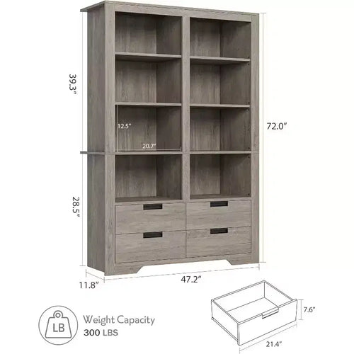 Estantería alta de 72 pulgadas con almacenamiento, librería de pie estilo rústico, estantería con 4 cajones, estantes de almacenamiento de exhibición independientes para oficinas en casa
