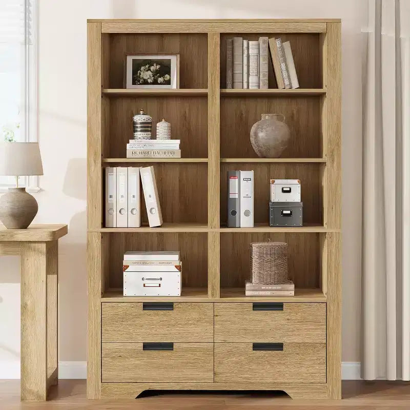 Estantería alta de 72 pulgadas con almacenamiento, librería de pie estilo rústico, estantería con 4 cajones, estantes de almacenamiento de exhibición independientes para oficinas en casa