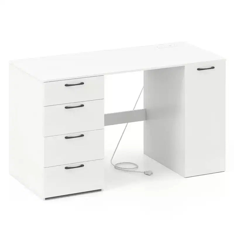 Escritorio para computadora de 53 pulgadas Costway con tomas de corriente, escritorio ejecutivo grande con 4 cajones de almacenamiento, gris/blanco