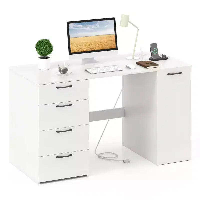 Escritorio para computadora de 53 pulgadas Costway con tomas de corriente, escritorio ejecutivo grande con 4 cajones de almacenamiento, gris/blanco