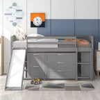 Cama alta doble con tobogán, cama alta de madera tamaño doble, estructura de cama alta baja tamaño doble con armarios y estantes