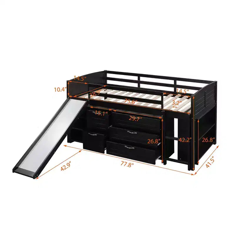 Cama alta doble con tobogán, cama alta de madera tamaño doble, estructura de cama alta baja tamaño doble con armarios y estantes