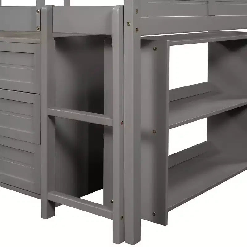 Cama alta doble con tobogán, cama alta de madera tamaño doble, estructura de cama alta baja tamaño doble con armarios y estantes