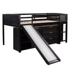 Cama alta doble con tobogán, cama alta de madera tamaño doble, estructura de cama alta baja tamaño doble con armarios y estantes