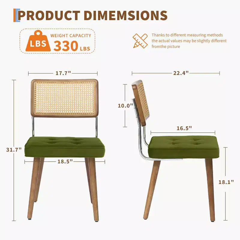 Juego de 2 sillas de comedor modernas, sillas de cocina tapizadas de ratán natural, silla decorativa, sillas laterales sin brazos con tela de terciopelo tapizada