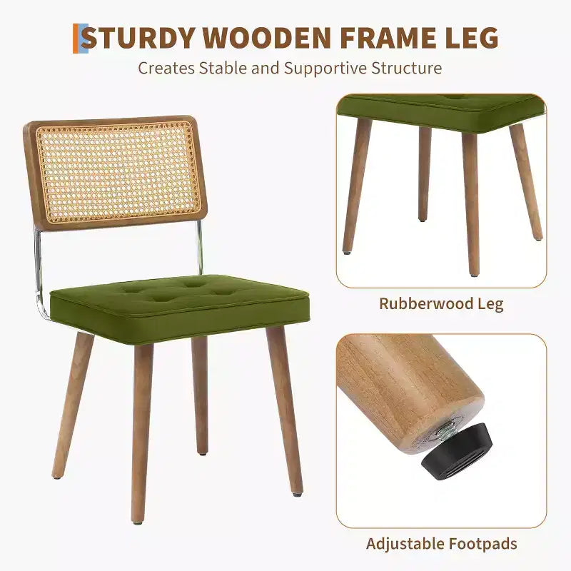 Juego de 2 sillas de comedor modernas, sillas de cocina tapizadas de ratán natural, silla decorativa, sillas laterales sin brazos con tela de terciopelo tapizada