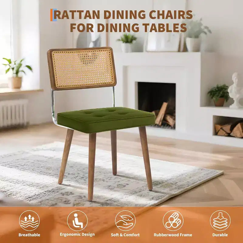 Juego de 2 sillas de comedor modernas, sillas de cocina tapizadas de ratán natural, silla decorativa, sillas laterales sin brazos con tela de terciopelo tapizada