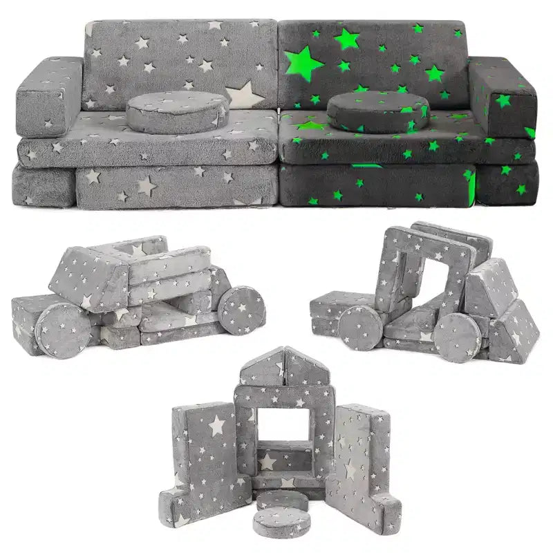 Sofá de juegos modular grande de 12 piezas para niños con estrellas que brillan en la oscuridad, de espuma convertible y cojín de suelo para niños y niñas
