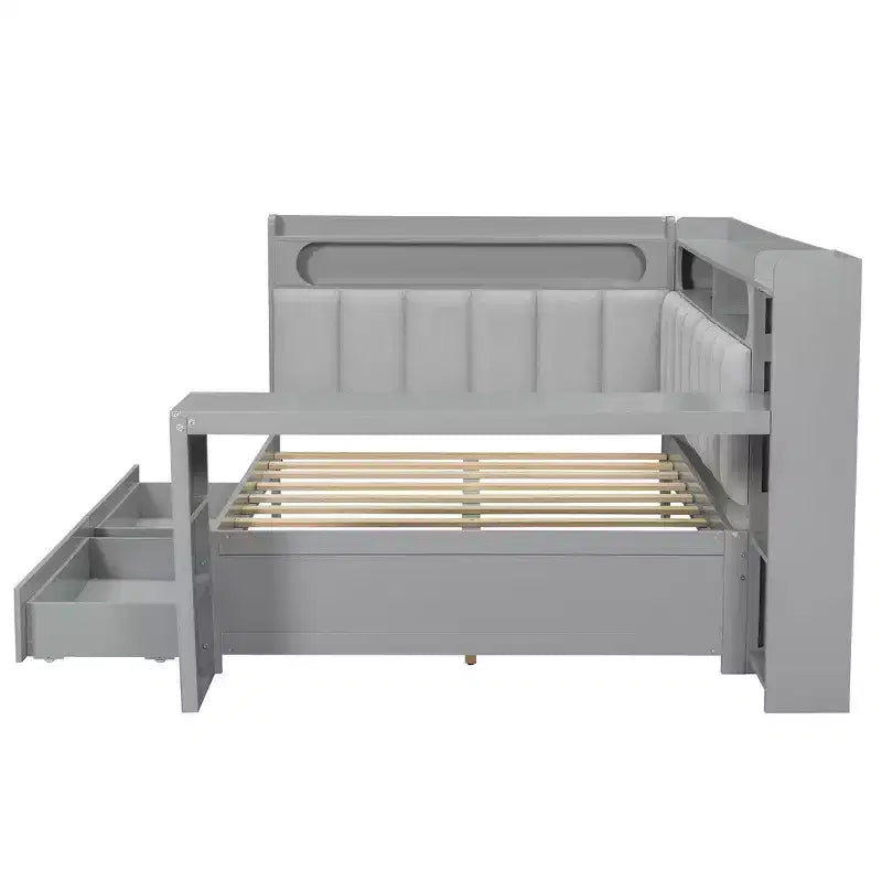 Cama de día Whisen tamaño completo con estantes de almacenamiento, cajones, estación de carga, luz LED, escritorio, cabecera y respaldo tapizados
