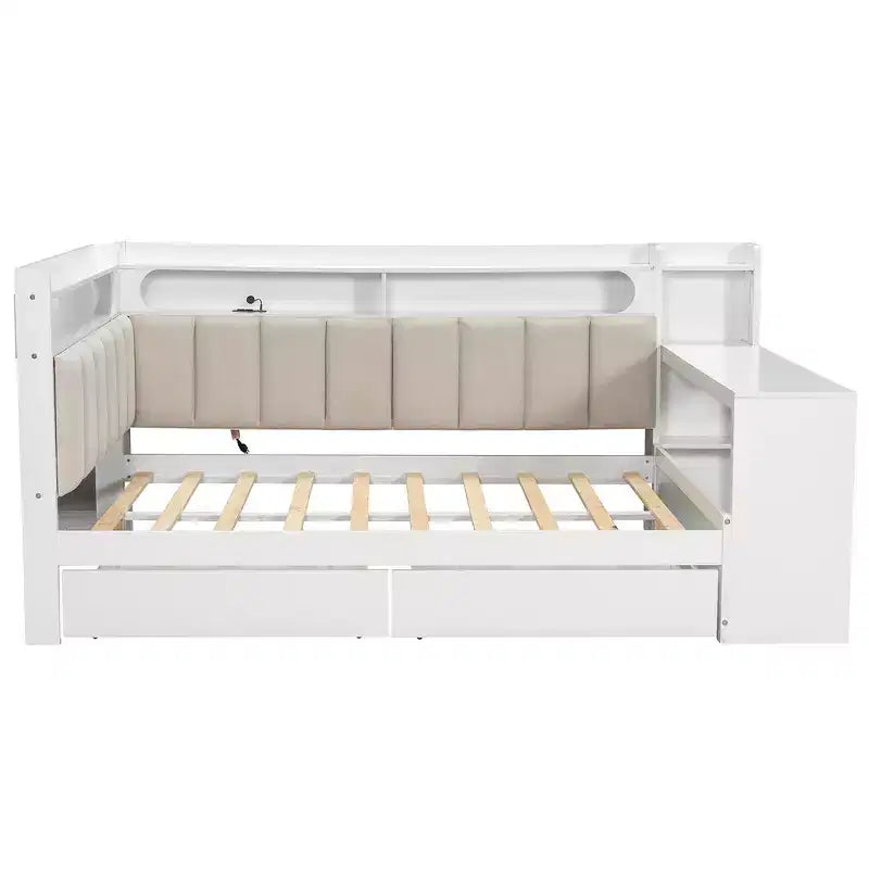 Cama de día Whisen tamaño completo con estantes de almacenamiento, cajones, estación de carga, luz LED, escritorio, cabecera y respaldo tapizados