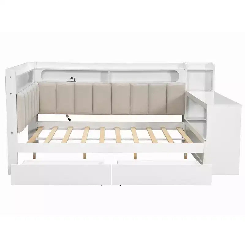 Cama de día Whisen tamaño completo con estantes de almacenamiento, cajones, estación de carga, luz LED, escritorio, cabecera y respaldo tapizados