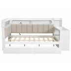 Cama de día Whisen tamaño completo con estantes de almacenamiento, cajones, estación de carga, luz LED, escritorio, cabecera y respaldo tapizados