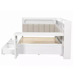 Cama de día Whisen tamaño completo con estantes de almacenamiento, cajones, estación de carga, luz LED, escritorio, cabecera y respaldo tapizados