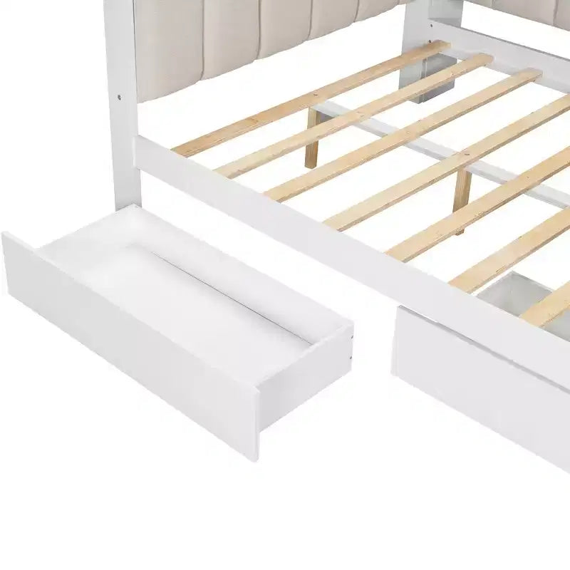 Cama de día Whisen tamaño completo con estantes de almacenamiento, cajones, estación de carga, luz LED, escritorio, cabecera y respaldo tapizados