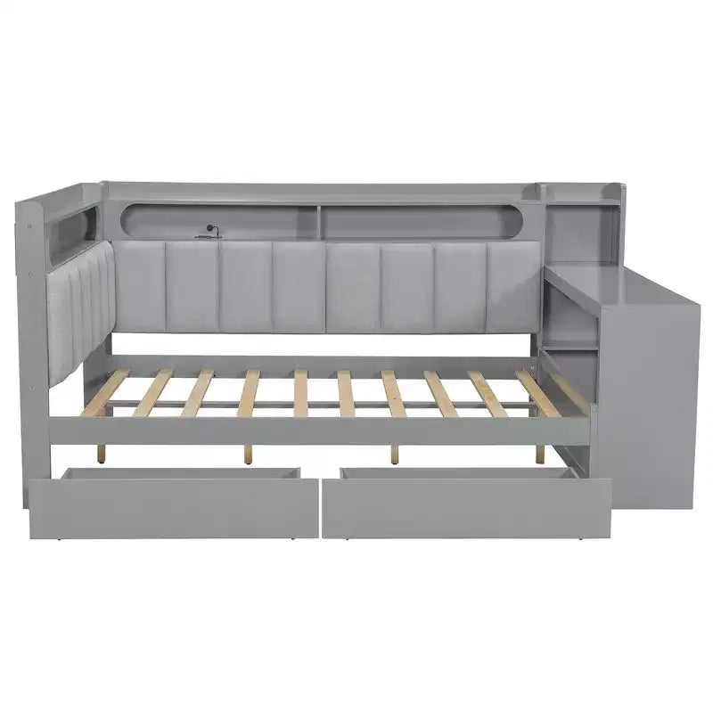 Cama de día Whisen tamaño completo con estantes de almacenamiento, cajones, estación de carga, luz LED, escritorio, cabecera y respaldo tapizados