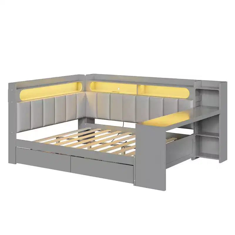 Cama de día Whisen tamaño completo con estantes de almacenamiento, cajones, estación de carga, luz LED, escritorio, cabecera y respaldo tapizados