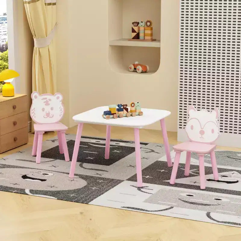 Juego de mesa y sillas para niños, escritorio infantil de madera de 3 piezas con respaldo de animales, mesa de actividades para dibujar, aprender, sala de juegos o guardería (rosa y blanco)