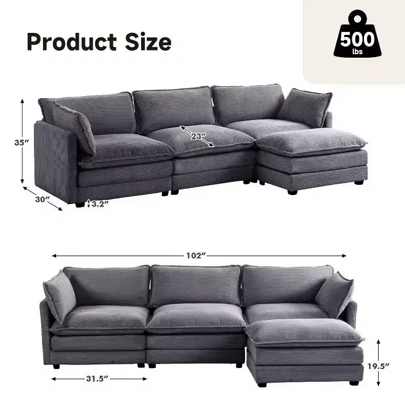 Sofá Seccional en Forma de L Hyleory Corduroy, Sofá de 3 Plazas con Otomana Movible, Muebles Modulares para Sala de Estar para Apartamentos