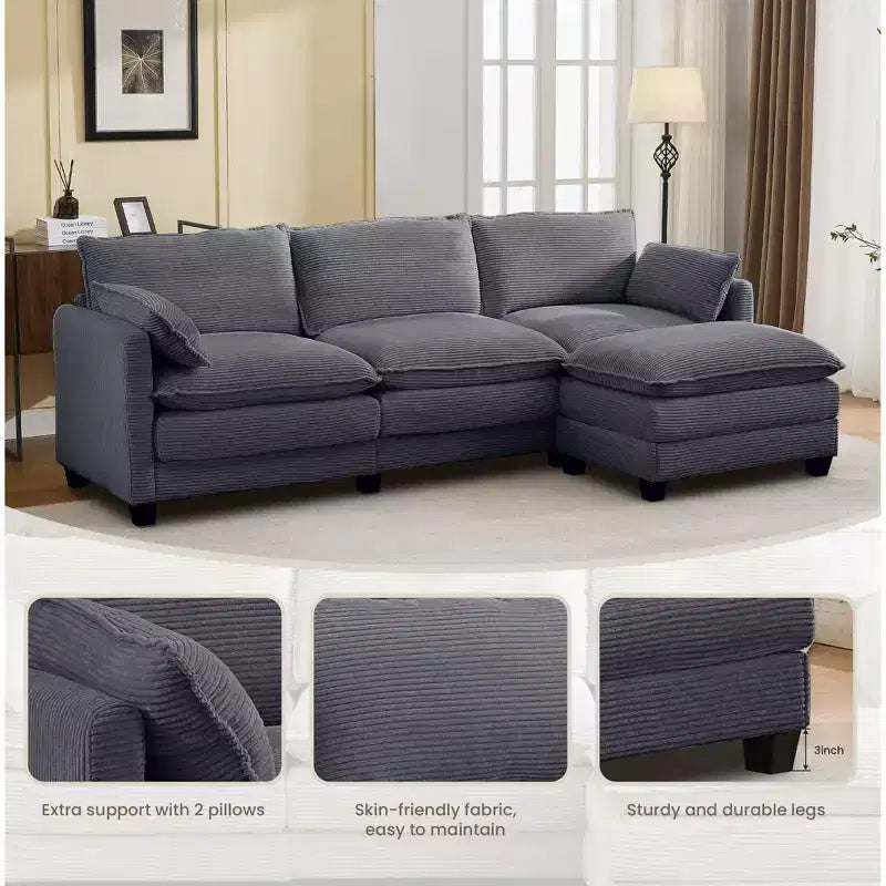 Sofá Seccional en Forma de L Hyleory Corduroy, Sofá de 3 Plazas con Otomana Movible, Muebles Modulares para Sala de Estar para Apartamentos