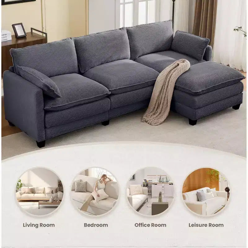 Sofá Seccional en Forma de L Hyleory Corduroy, Sofá de 3 Plazas con Otomana Movible, Muebles Modulares para Sala de Estar para Apartamentos