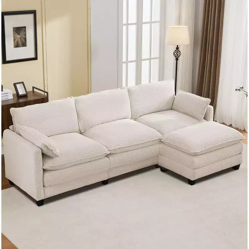 Sofá Seccional en Forma de L Hyleory Corduroy, Sofá de 3 Plazas con Otomana Movible, Muebles Modulares para Sala de Estar para Apartamentos
