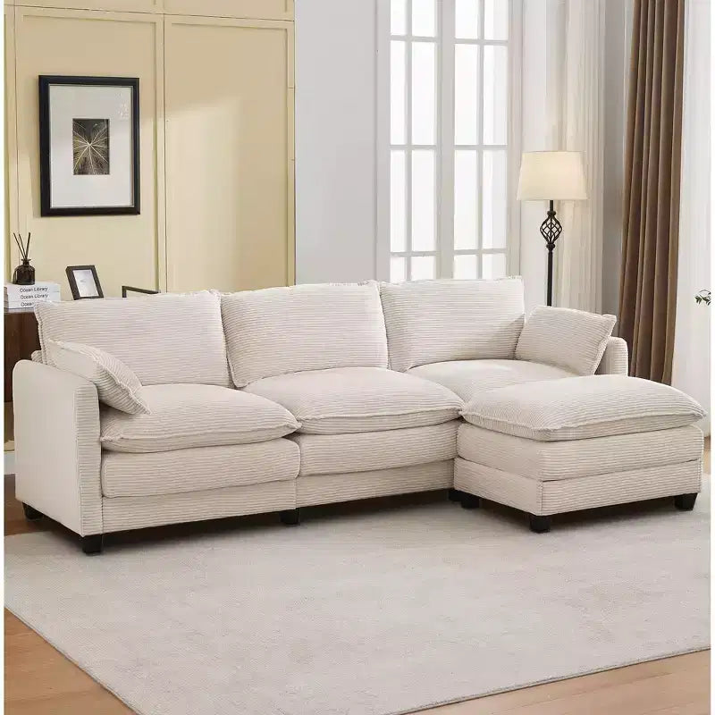 Sofá Seccional en Forma de L Hyleory Corduroy, Sofá de 3 Plazas con Otomana Movible, Muebles Modulares para Sala de Estar para Apartamentos