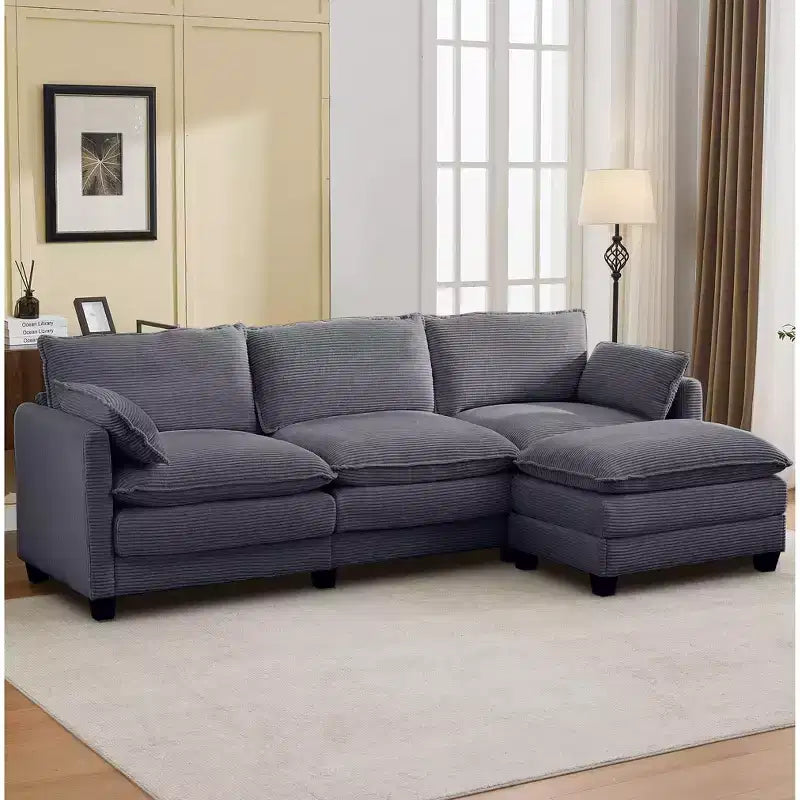 Sofá Seccional en Forma de L Hyleory Corduroy, Sofá de 3 Plazas con Otomana Movible, Muebles Modulares para Sala de Estar para Apartamentos