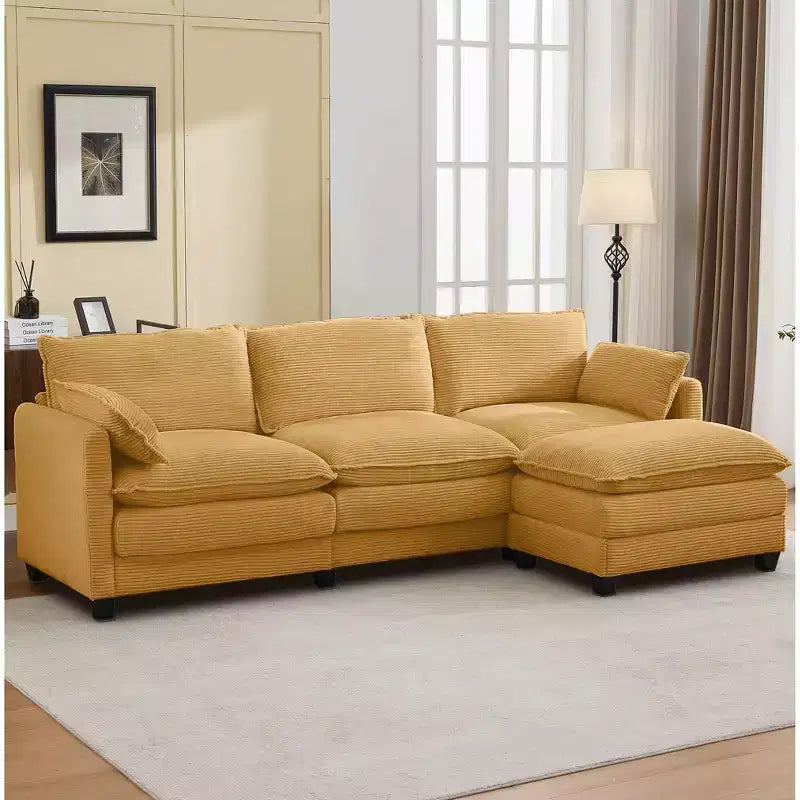Sofá Seccional en Forma de L Hyleory Corduroy, Sofá de 3 Plazas con Otomana Movible, Muebles Modulares para Sala de Estar para Apartamentos
