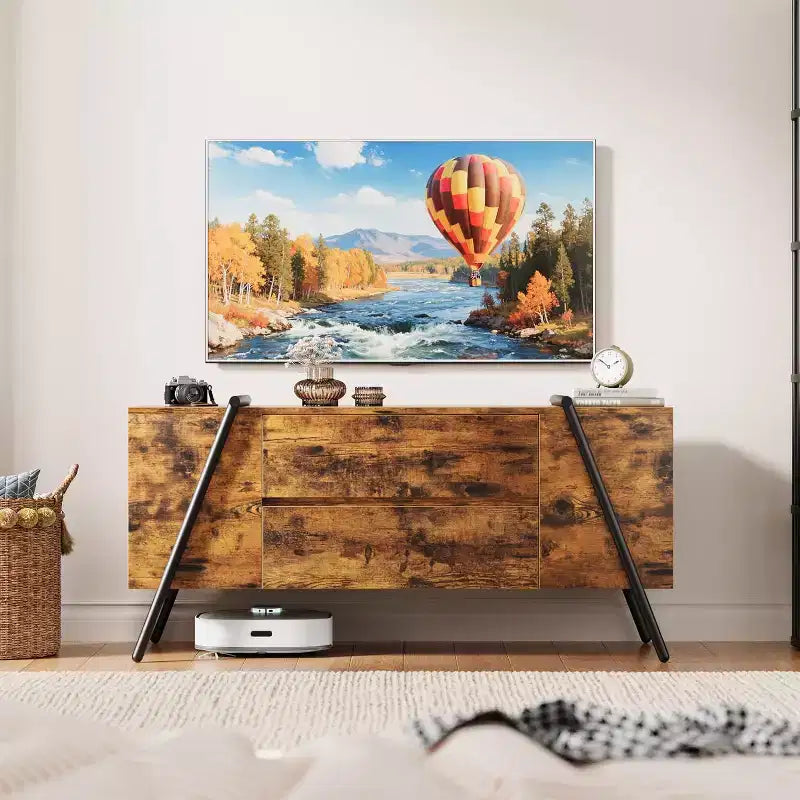 Mueble de TV de hasta 65 pulgadas, centro de entretenimiento moderno con 2 cajones de almacenamiento y estantes abiertos laterales, mesa consola de TV, para sala de estar, dormitorio