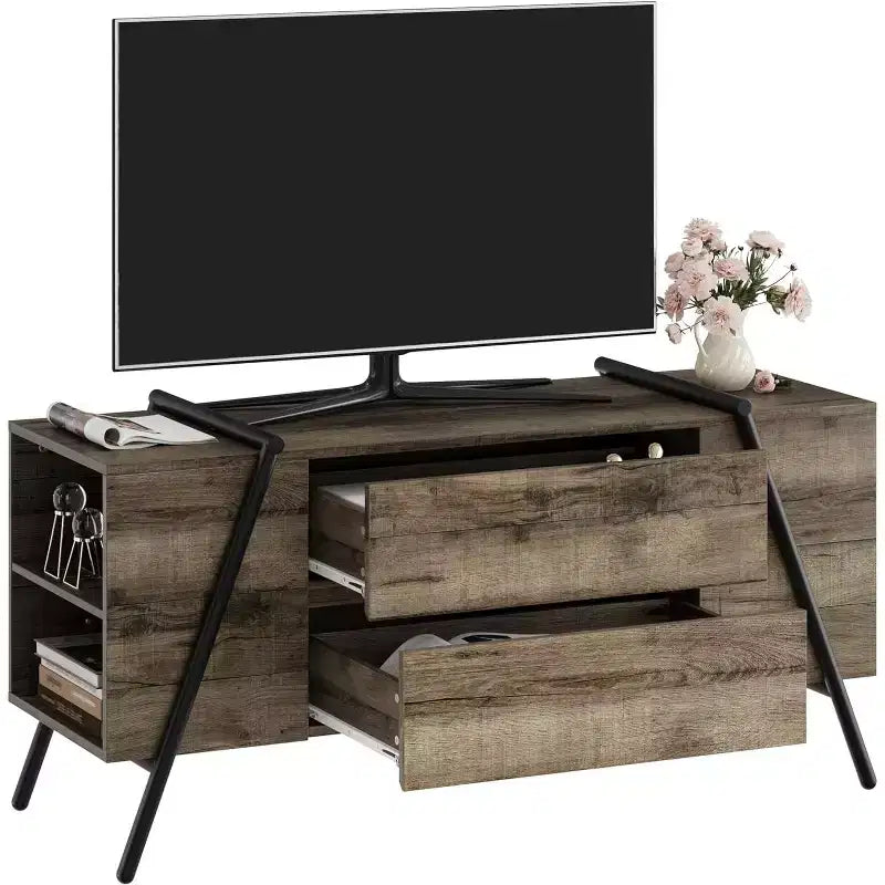 Mueble de TV de hasta 65 pulgadas, centro de entretenimiento moderno con 2 cajones de almacenamiento y estantes abiertos laterales, mesa consola de TV, para sala de estar, dormitorio