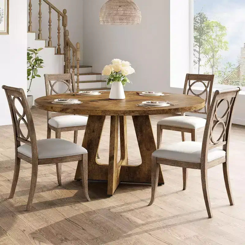 Mesa de Comedor Redonda de Granja para 4-6  Cubierta y Patas de Madera, Perfecta para Comedor o Sala de Estar