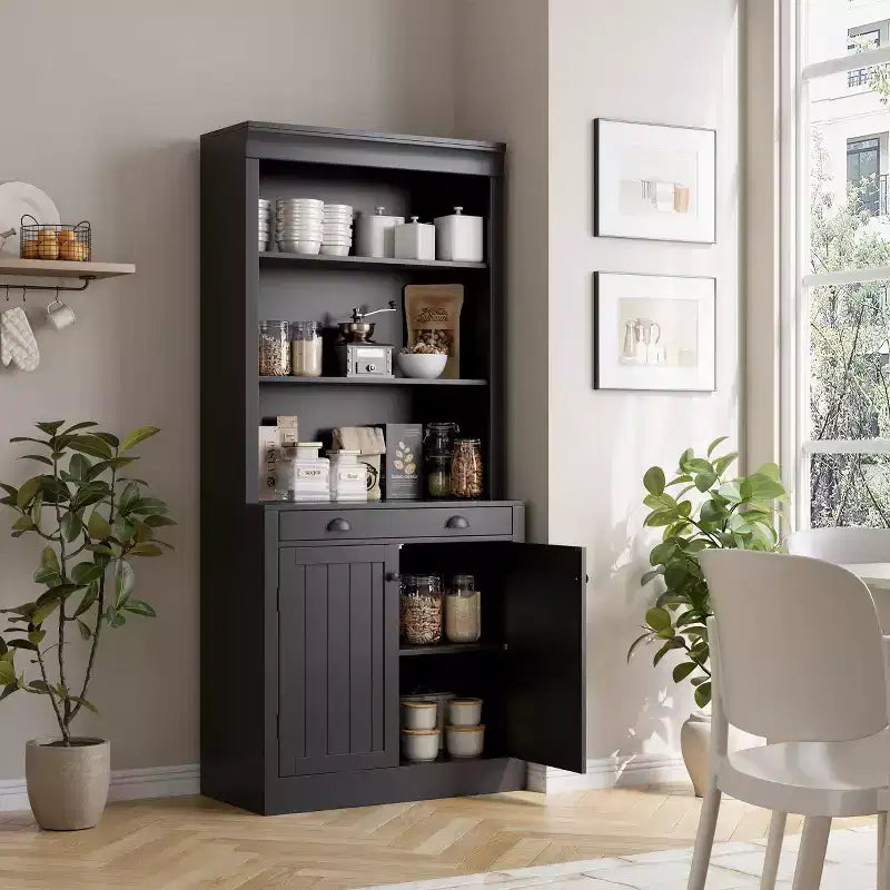 Estantería de 70 5 niveles, con puertas y cajón, aparador de despensa moderno con estante ajustable, armario de almacenamiento de madera para sala de estar, oficina en casa, negro