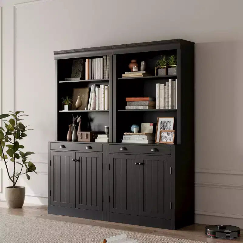 Estantería de 70 5 niveles, con puertas y cajón, aparador de despensa moderno con estante ajustable, armario de almacenamiento de madera para sala de estar, oficina en casa, negro