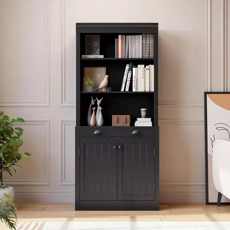 Estantería de 70 5 niveles, con puertas y cajón, aparador de despensa moderno con estante ajustable, armario de almacenamiento de madera para sala de estar, oficina en casa, negro
