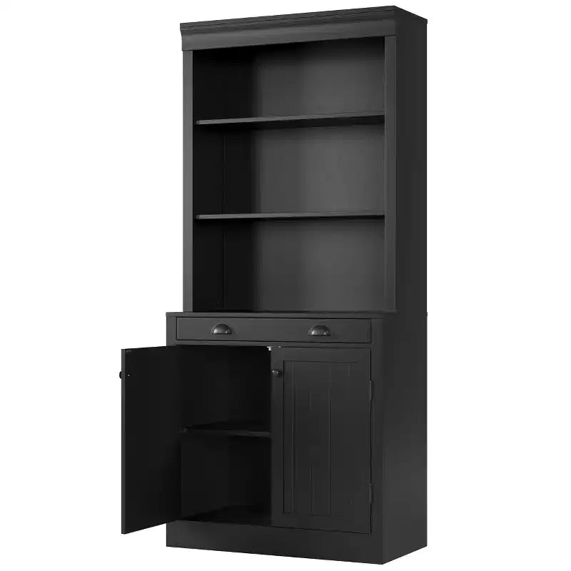 Estantería de 70 5 niveles, con puertas y cajón, aparador de despensa moderno con estante ajustable, armario de almacenamiento de madera para sala de estar, oficina en casa, negro