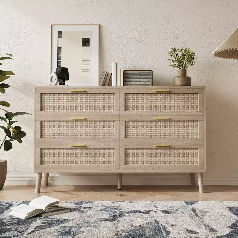Farmhouse Natural Ratta 6 Drawer Dresser with Gold Metal Handle and 5 Strong Legs for Living Room