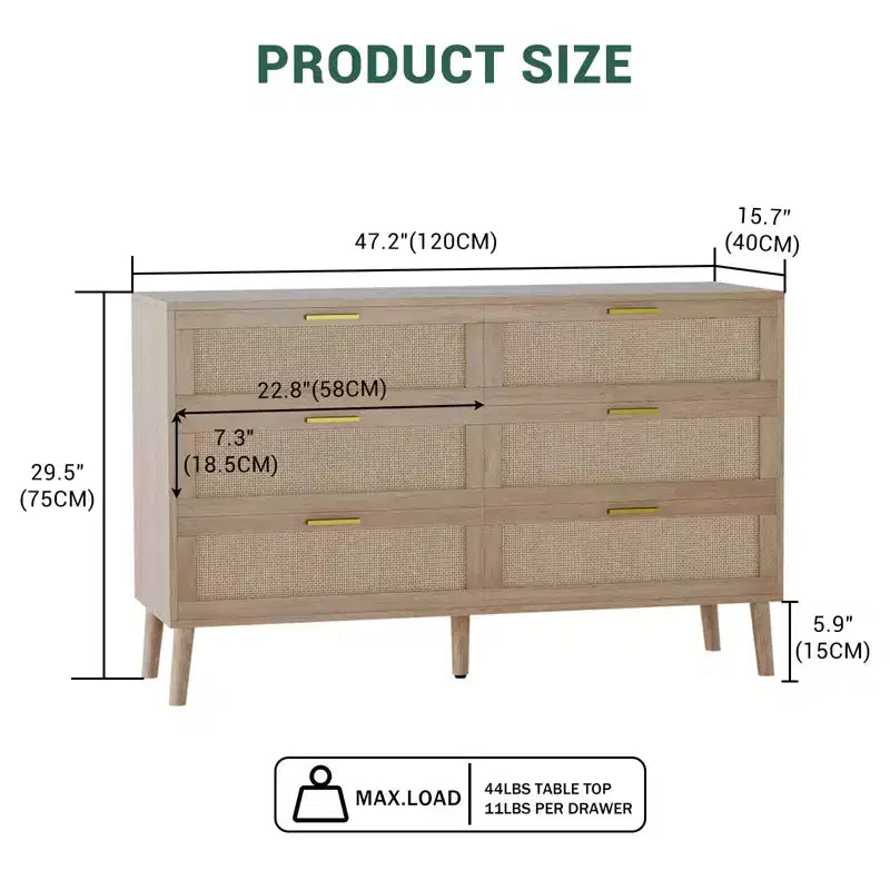 Cómoda de 6 cajones Farmhouse Natural Ratta con tiradores de metal dorado y 5 patas fuertes para salón