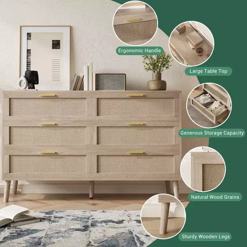Cómoda de 6 cajones Farmhouse Natural Ratta con tiradores de metal dorado y 5 patas fuertes para salón