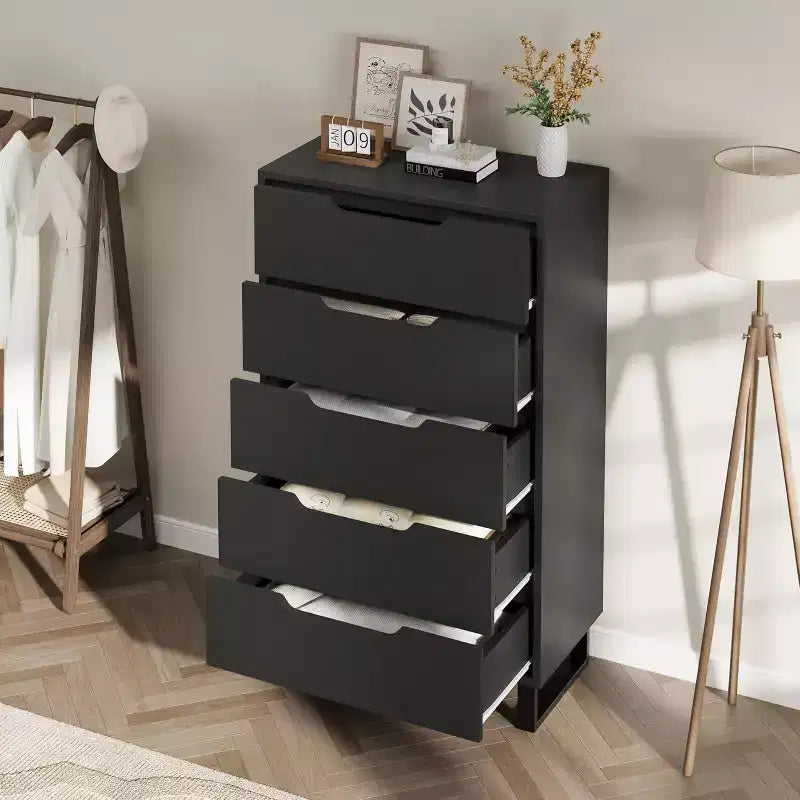 COZONY Cómoda de 5 cajones para dormitorio, armario vertical alto de madera de 50, mueble de almacenamiento independiente para sala de estar, pasillo, entrada