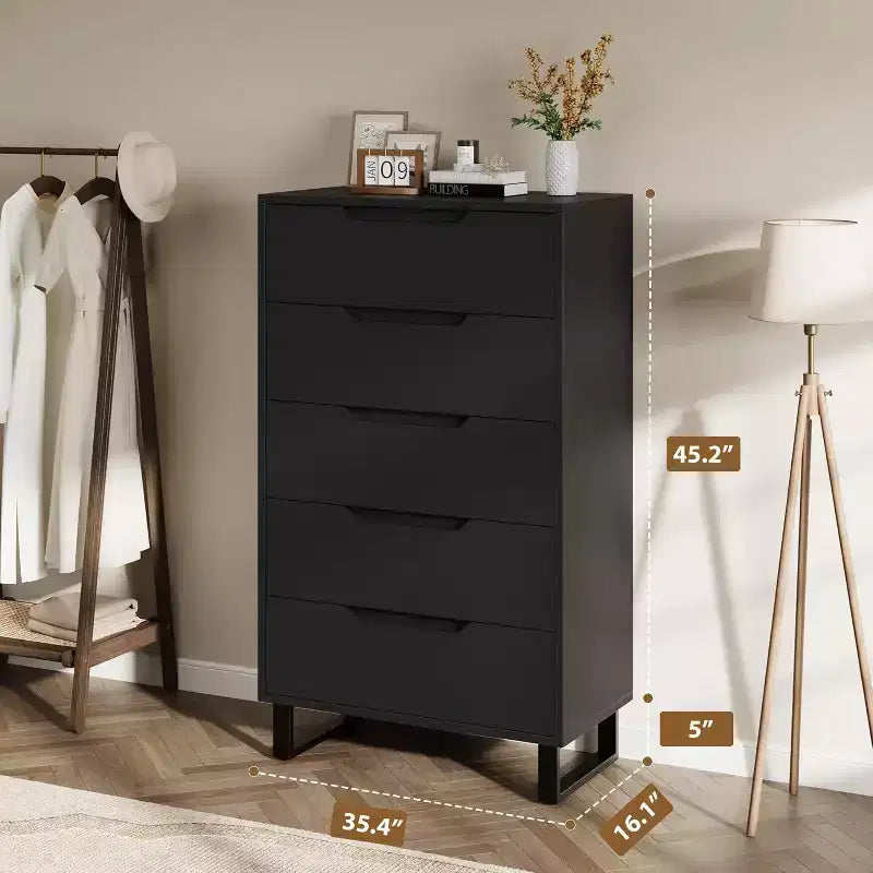 COZONY Cómoda de 5 cajones para dormitorio, armario vertical alto de madera de 50, mueble de almacenamiento independiente para sala de estar, pasillo, entrada