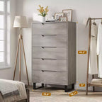 COZONY Cómoda de 5 cajones para dormitorio, armario vertical alto de madera de 50, mueble de almacenamiento independiente para sala de estar, pasillo, entrada