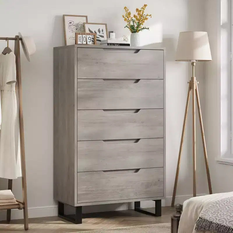 COZONY Cómoda de 5 cajones para dormitorio, armario vertical alto de madera de 50, mueble de almacenamiento independiente para sala de estar, pasillo, entrada