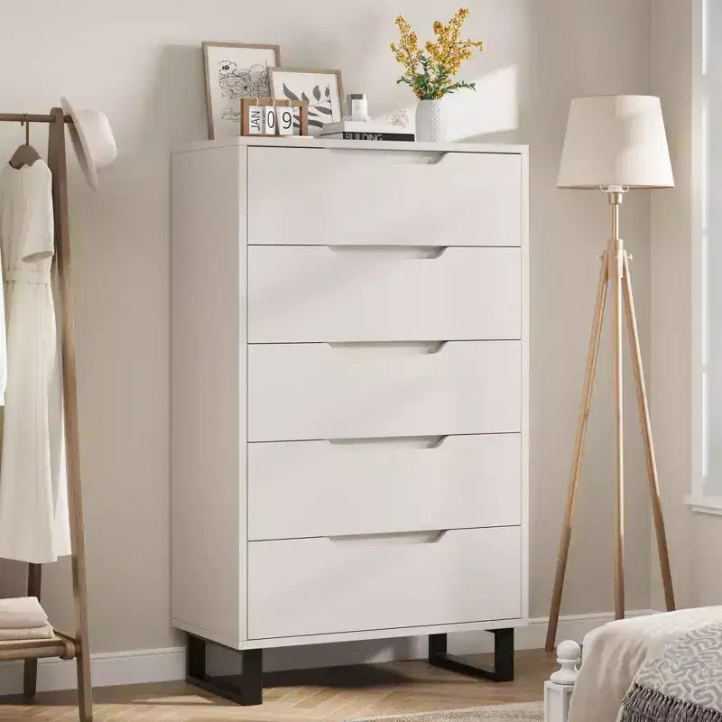 COZONY Cómoda de 5 cajones para dormitorio, armario vertical alto de madera de 50, mueble de almacenamiento independiente para sala de estar, pasillo, entrada