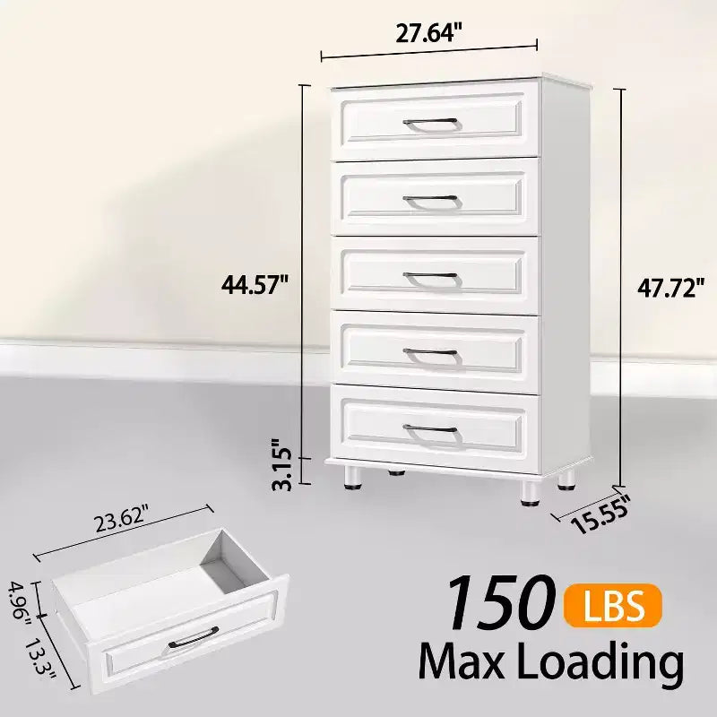 Sandinrayli Cómoda de 5 cajones, cómoda alta blanca para dormitorio, armario de madera con asas de acero, blanco