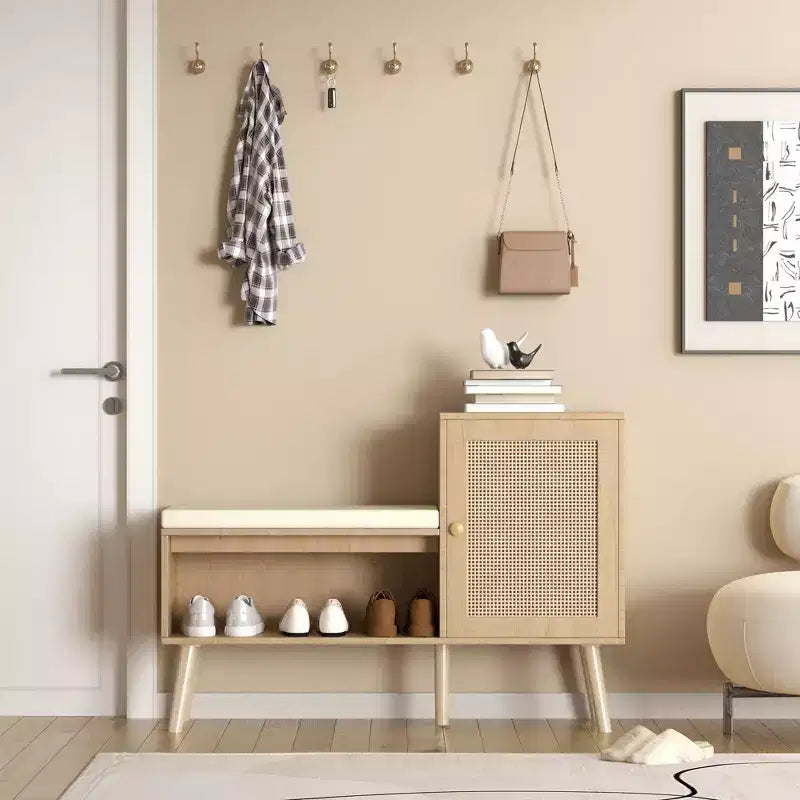 GDFStudio Tracey Banco zapatero 2 en 1 con puertas de ratán sintético y asiento acolchado
