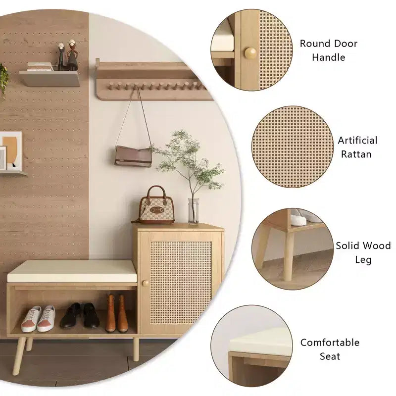 GDFStudio Tracey Banco zapatero 2 en 1 con puertas de ratán sintético y asiento acolchado