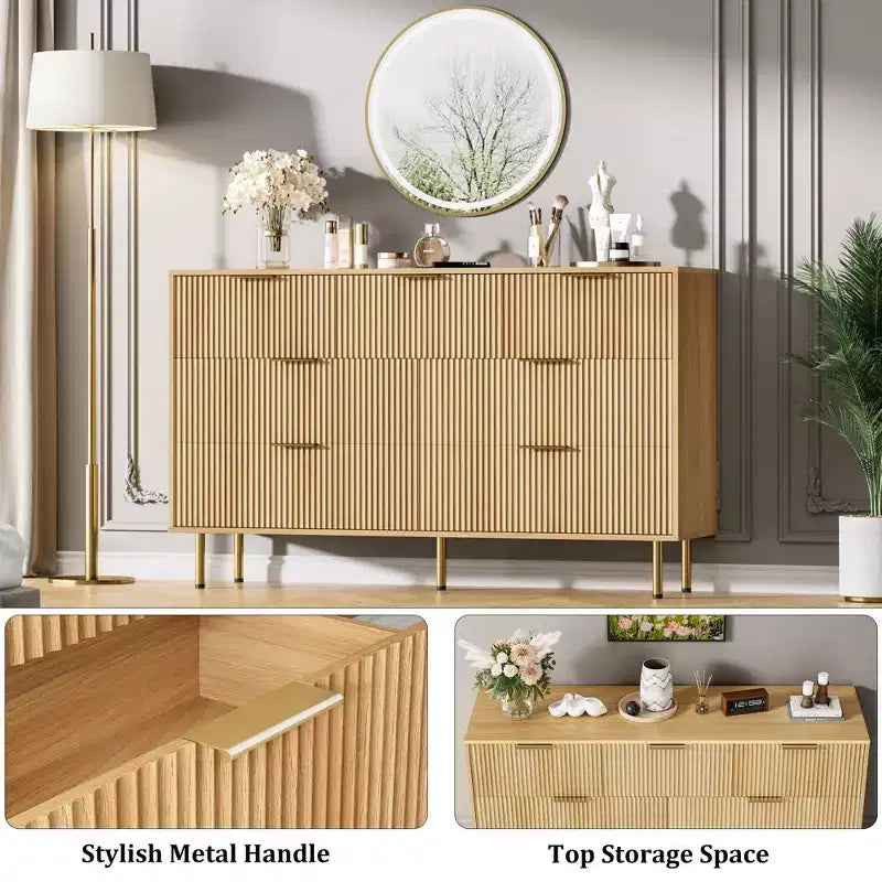 Cómoda de 7 cajones para dormitorio, cómoda de madera de 47 pulgadas de ancho con tiradores de metal, cómoda acanalada con almacenamiento, mueble de TV para sala de estar